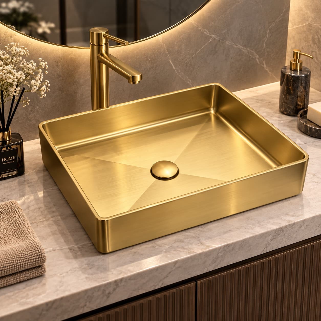 Alfas Aura 51x36cm Dikdörtgen Tezgah Üstü Tezgah Altı Çanak Lavabo PVD Mat Gold 304 Paslanmaz Çelik