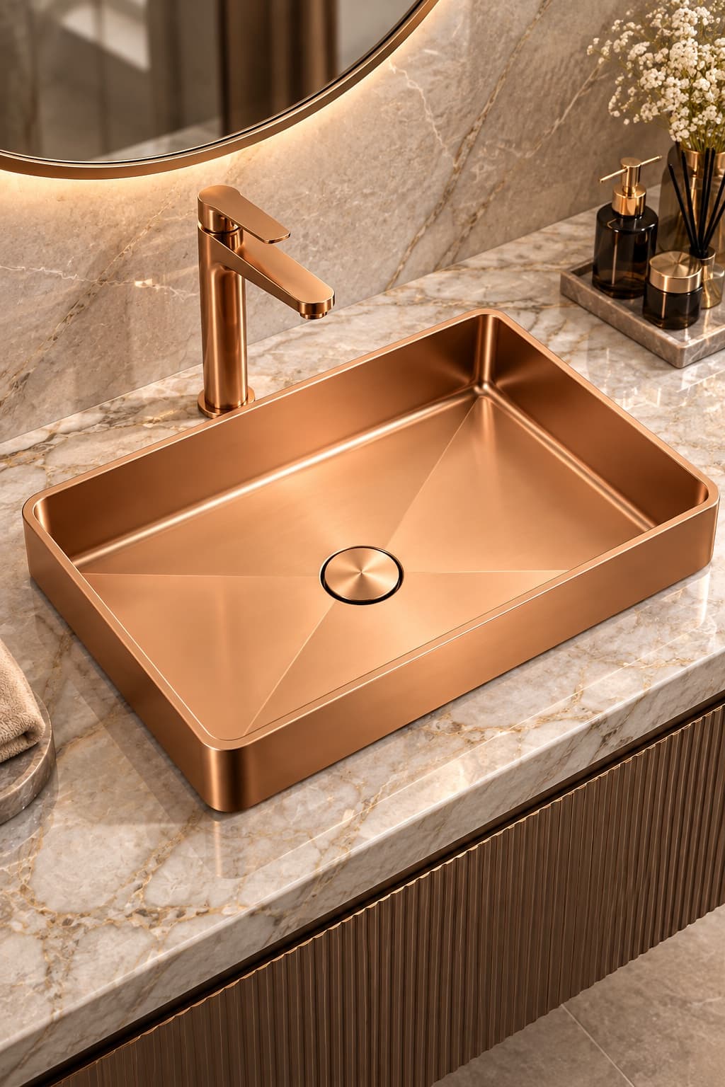 Alfas Aura Dikdörtgen 51x36cm PVD Rose Gold Tezgah Üstü Tezgah Altı Banyo Mutfak Lavabo 304 Çelik