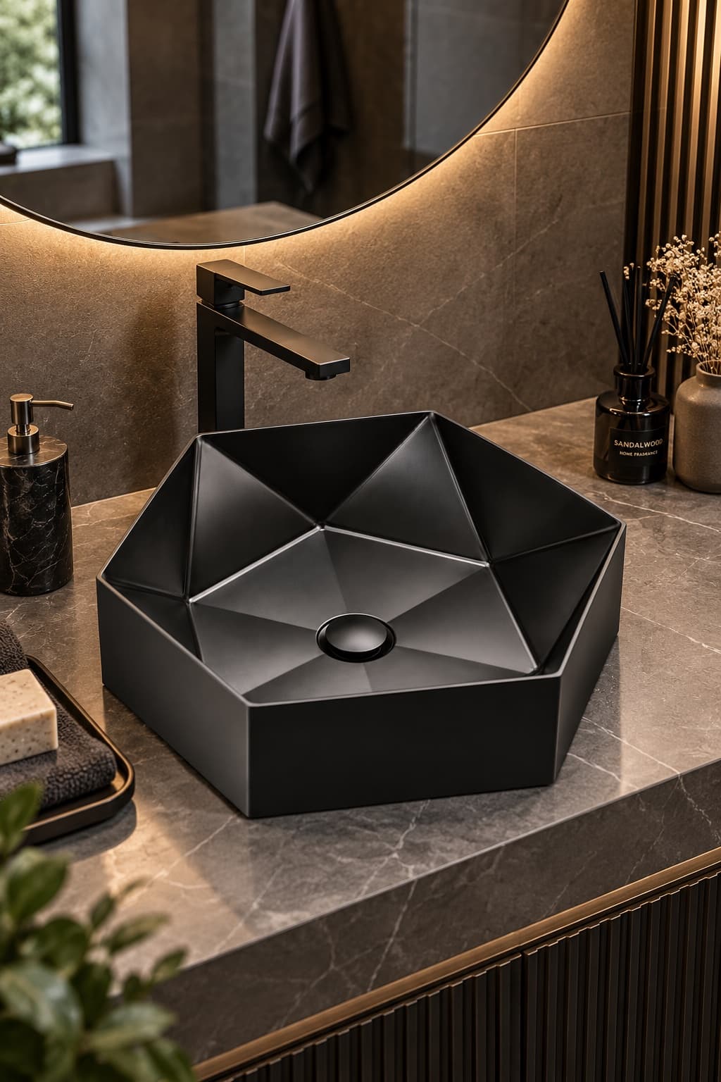 Alfas Aura Geometrik 44 cm PVD Mat Siyah Tezgah Üstü Çanak Lavabo PVD 304 Paslanmaz Çelik