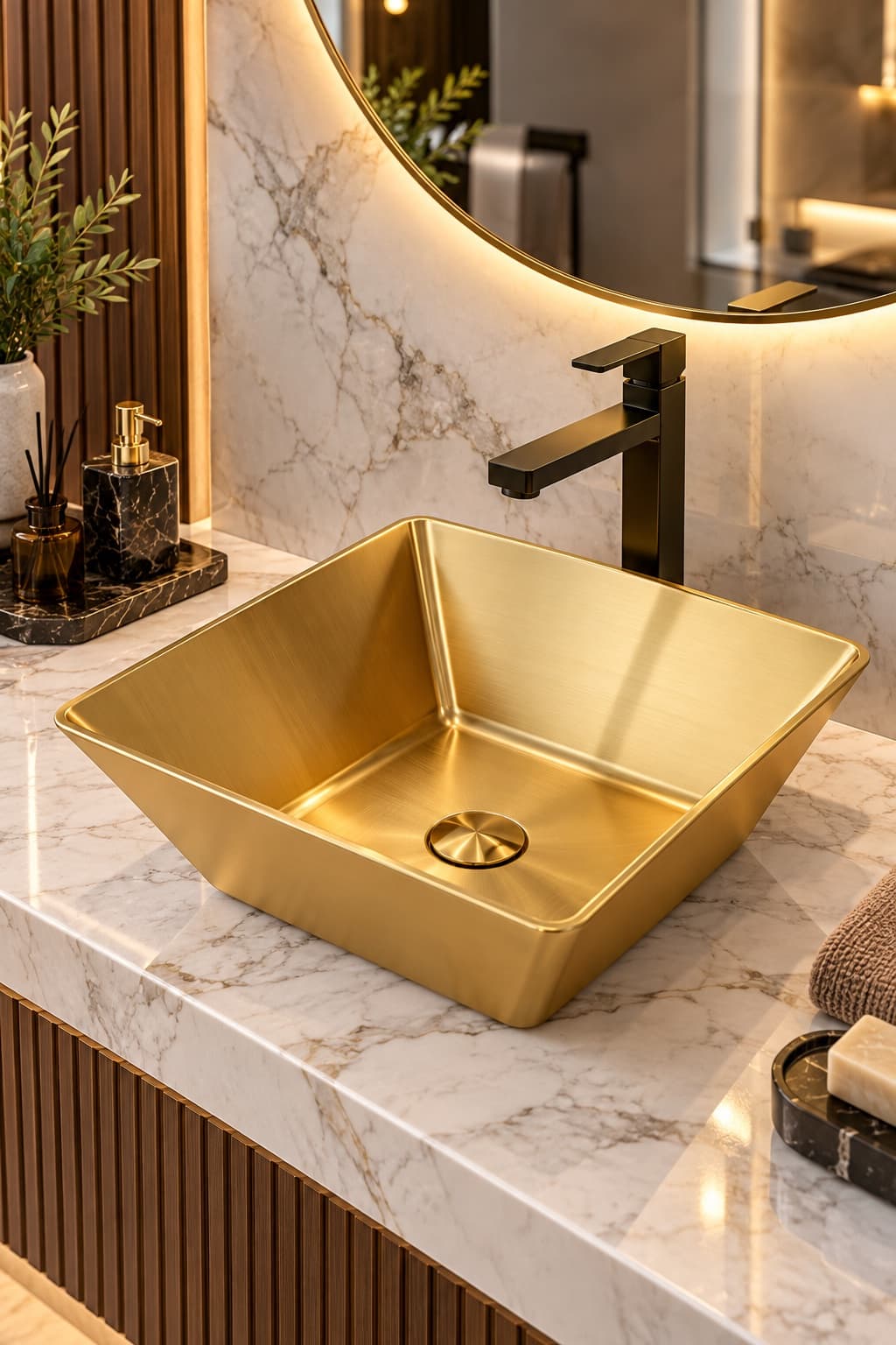 Alfas Aura Kare 40x40 cm PVD Mat Gold Tezgah Üstü Çanak Lavabo 304 Paslanmaz Çelik