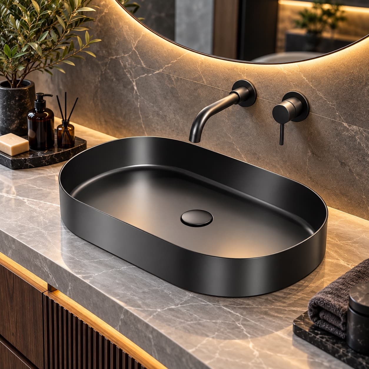 Alfas Aura Oval 60 cm PVD Antrasit Tezgah Üstü Çanak Lavabo 304 Paslanmaz Çelik Gun Black *2.0mm