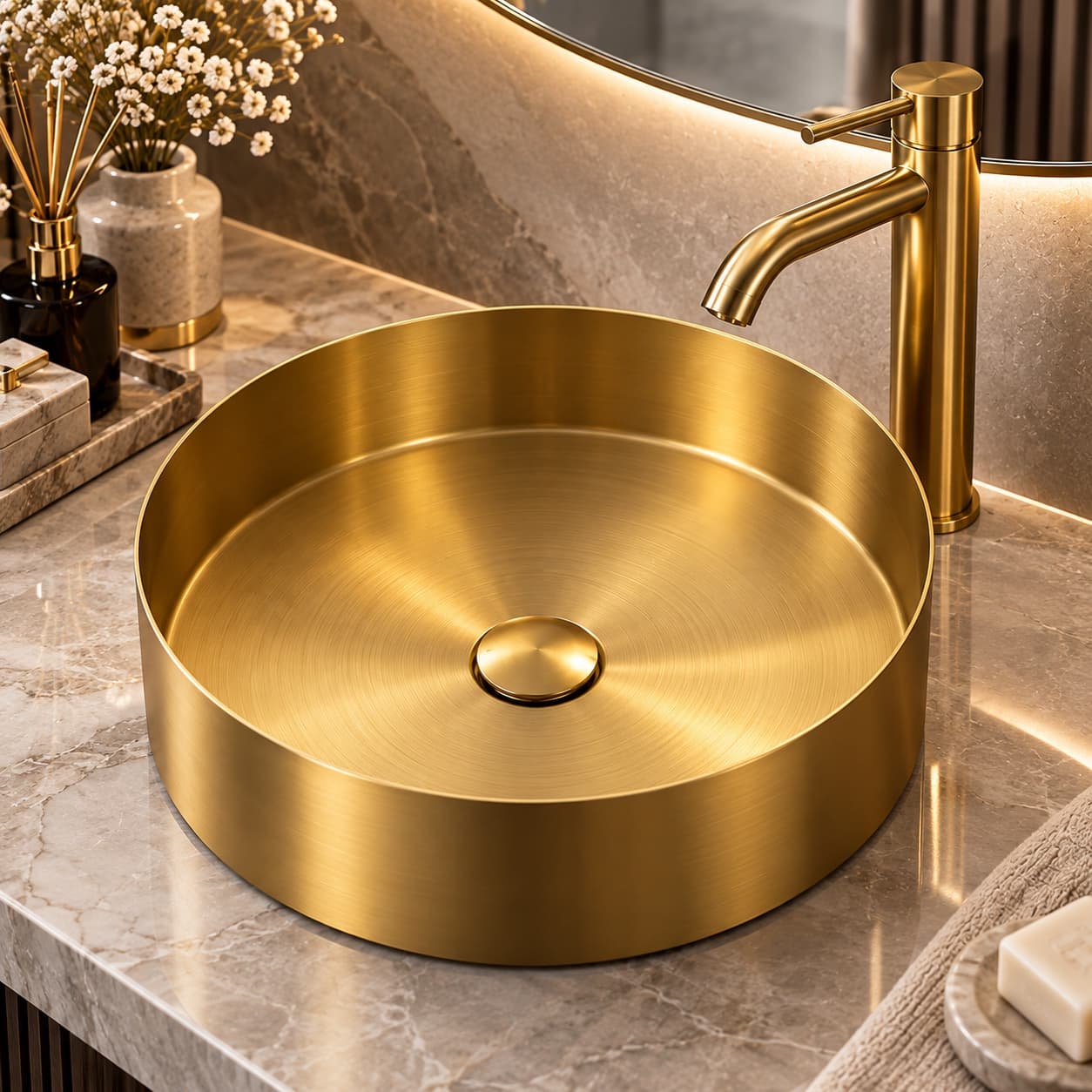 Alfas Aura Round 40 cm PVD Mat Gold Tezgah Üstü Çanak Lavabo 304 Paslanmaz Çelik