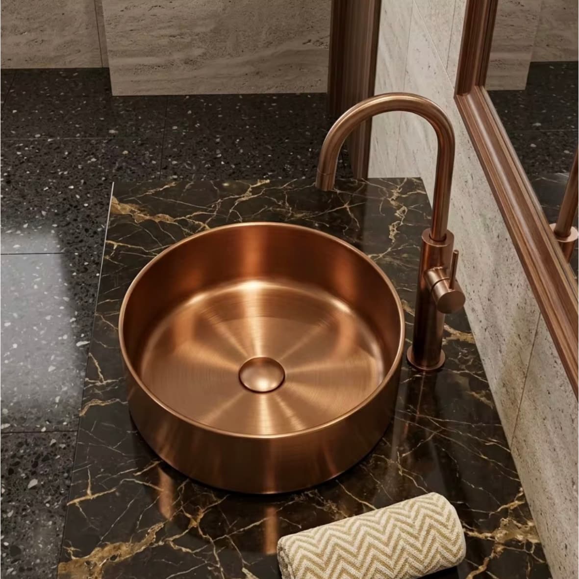 Alfas Aura Round 40 cm PVD Rose Gold Tezgah Üstü Çanak Lavabo 304 Paslanmaz Çelik