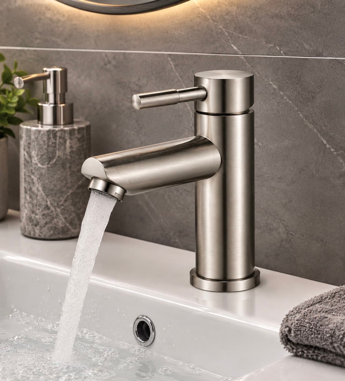 ALFAS Lavabo Bataryası İnox Fırçalı Nikel 304 Paslanmaz Çelik Aç Kapa Banyo Bataryası 17x9cm