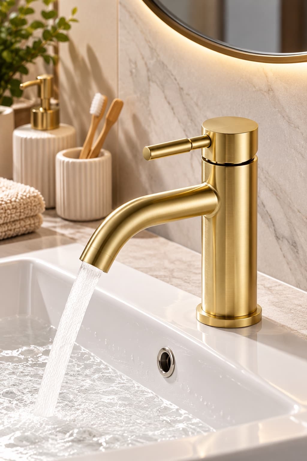 Alfas Lavabo Bataryası Mat Gold Fırçalı Altın 304 Paslanmaz Çelik Aç Kapa Banyo Bataryası Uzun Gaga