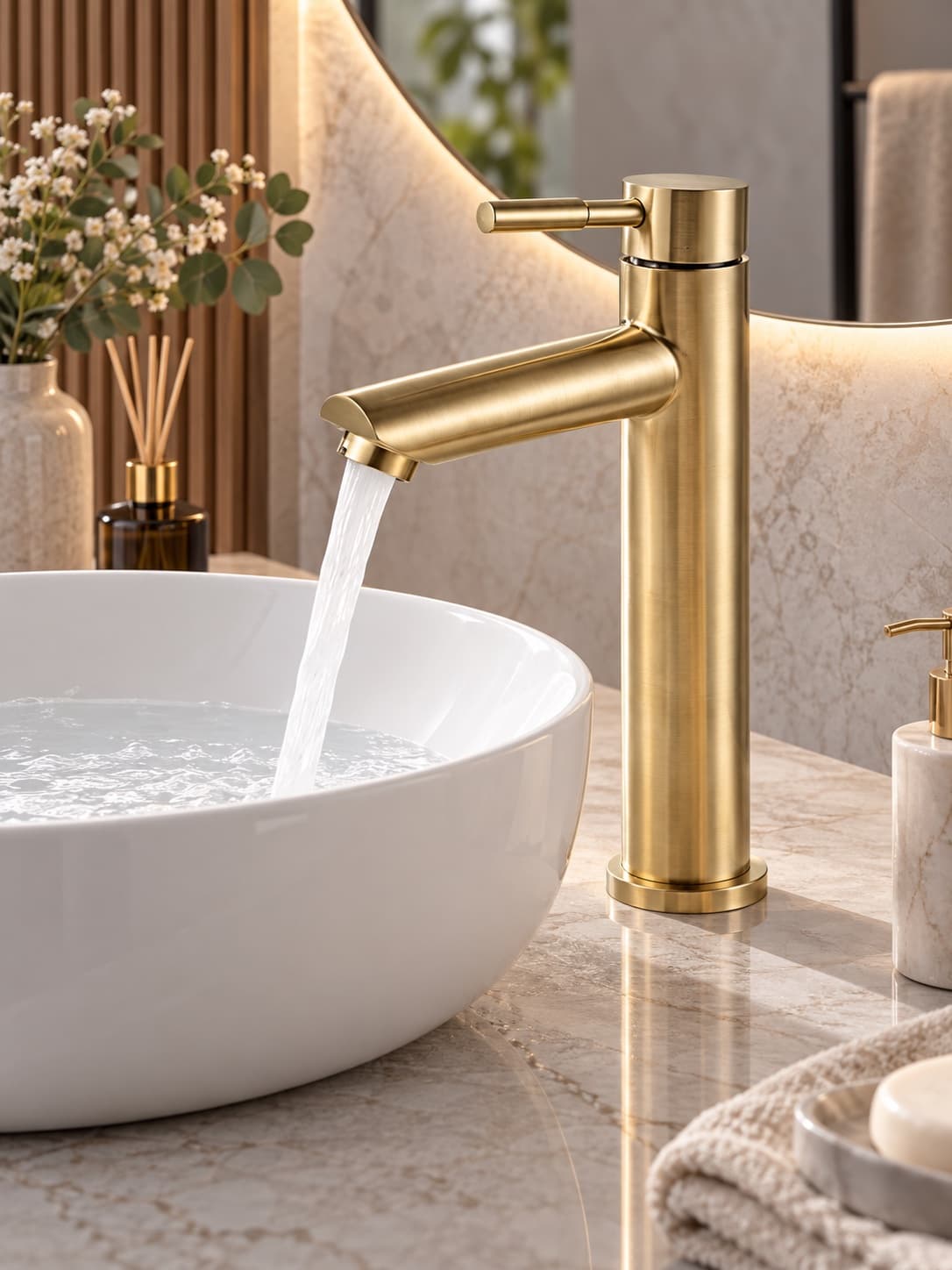 Alfas Mat Gold Çanak Lavabo Bataryası Fırçalı Altın 304 Paslanmaz Çelik Banyo Bataryası Sıcak Soğuk