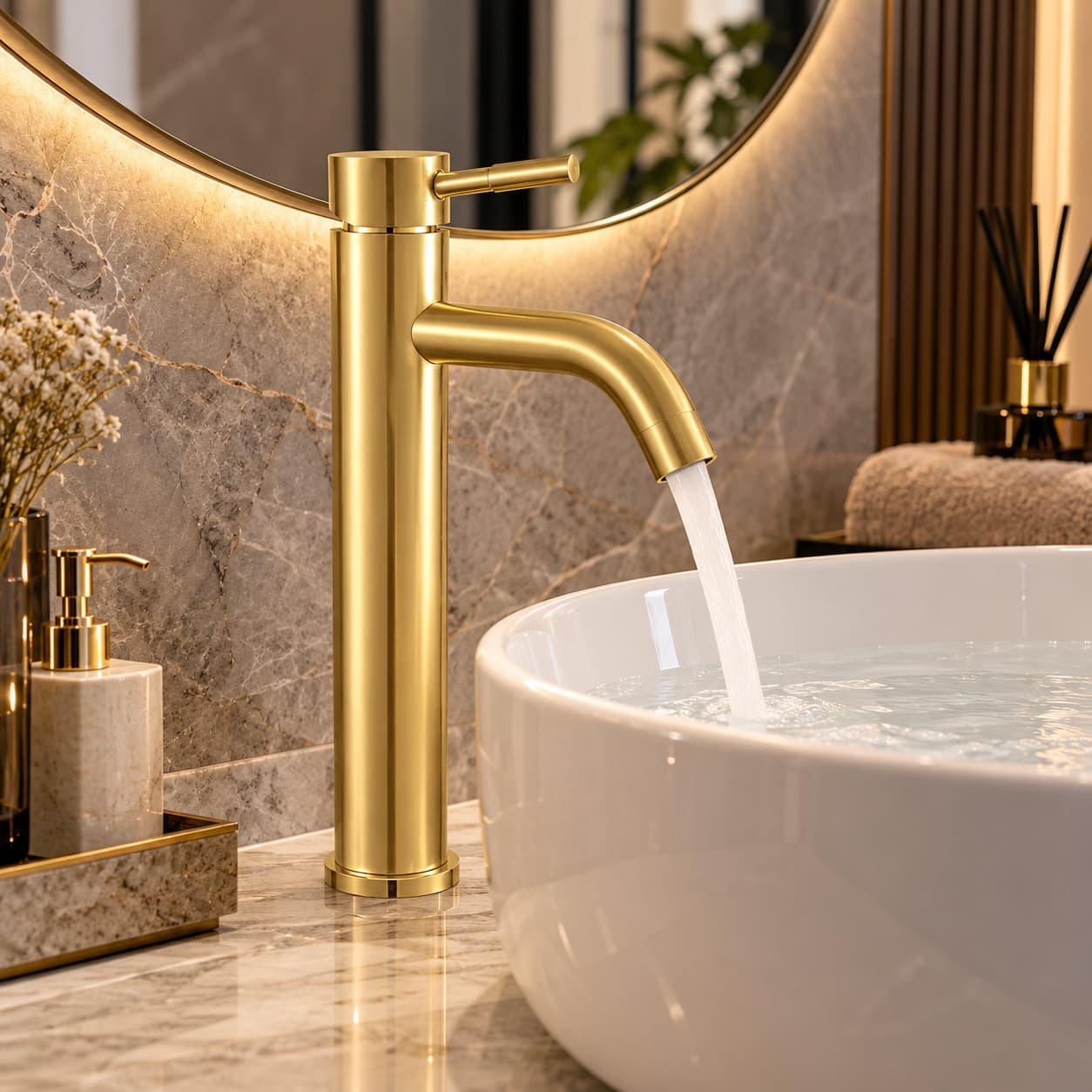 Alfas Mat Gold Çanak Lavabo Bataryası Fırçalı Altın 304 Paslanmaz Çelik Banyo Bataryası Yüksek 29cm