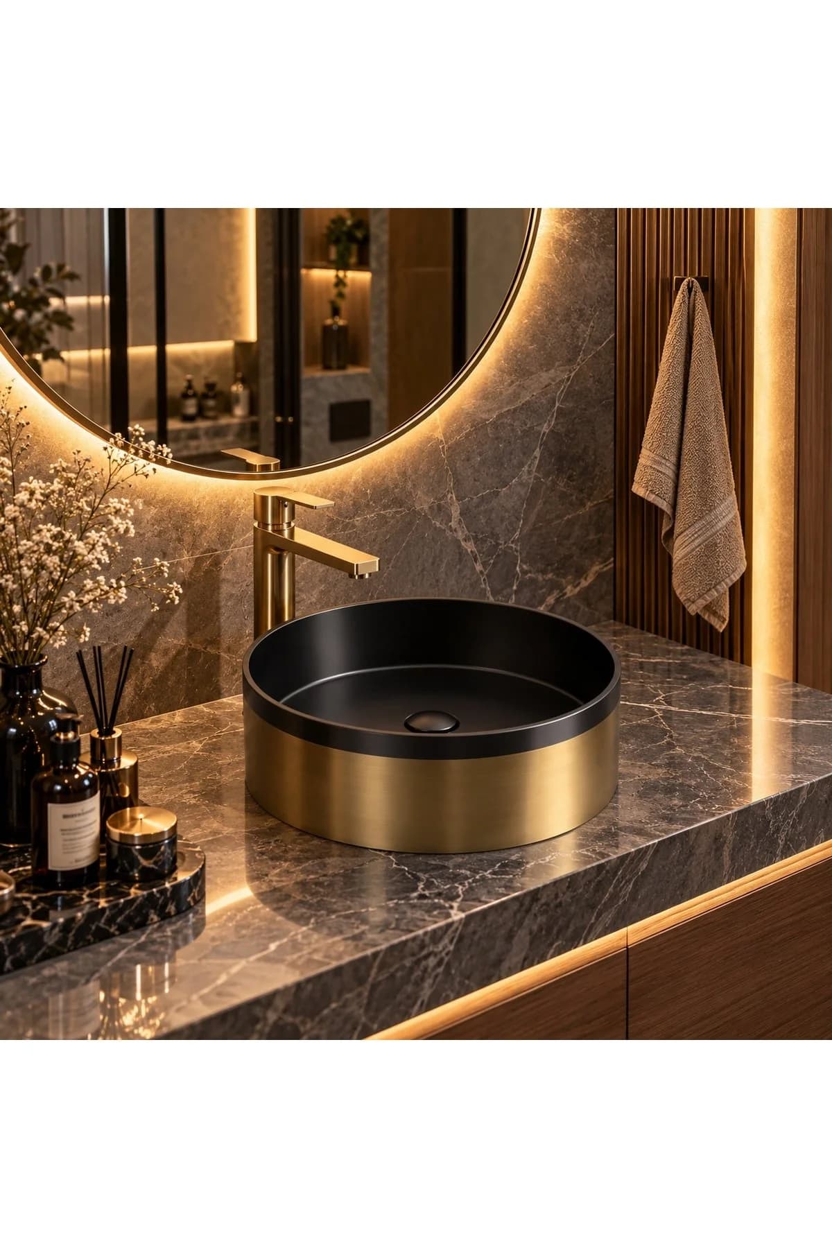 Alfas Aura Round 41 cm PVD Gold Siyah Tezgah Üstü Çanak Lavabo 304 Paslanmaz Çelik