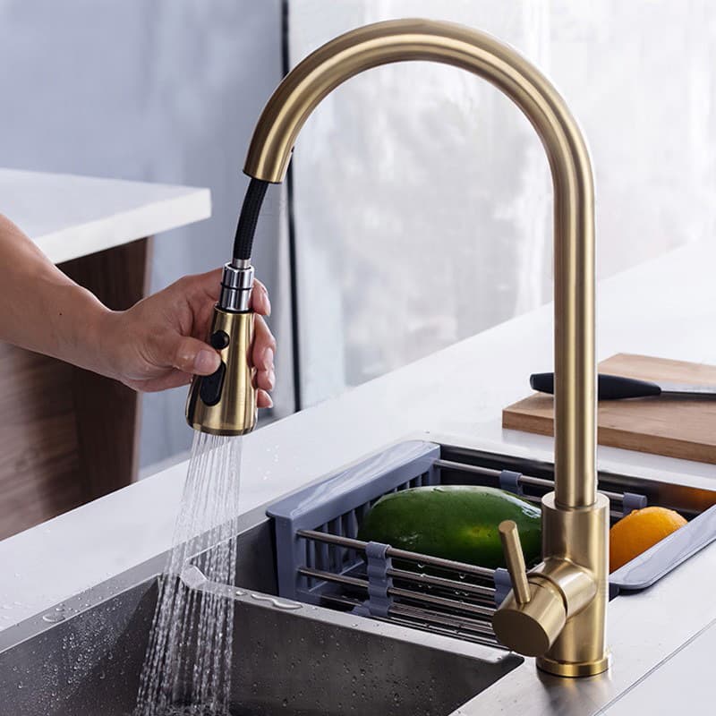 Brushed Gold Pull-Down Kitchen Sink Mixer Faucet