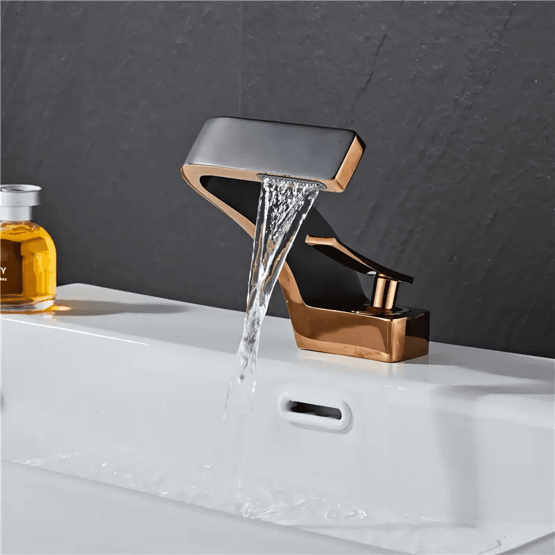 Roségold Schwarz Wasserfall-Waschtischarmatur Messing