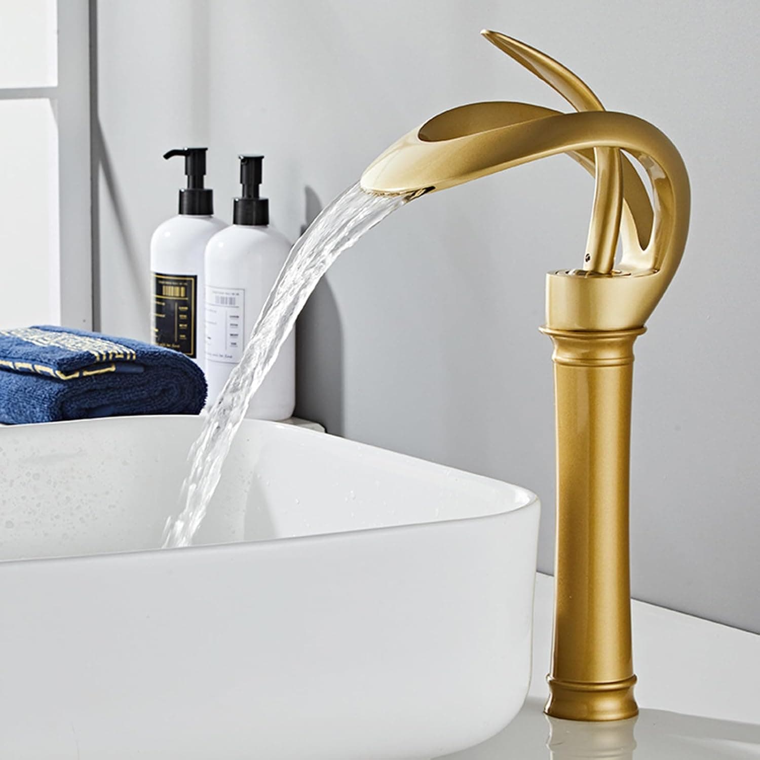 Gold Waterfall Vessel Basin Faucet, Tall Countertop