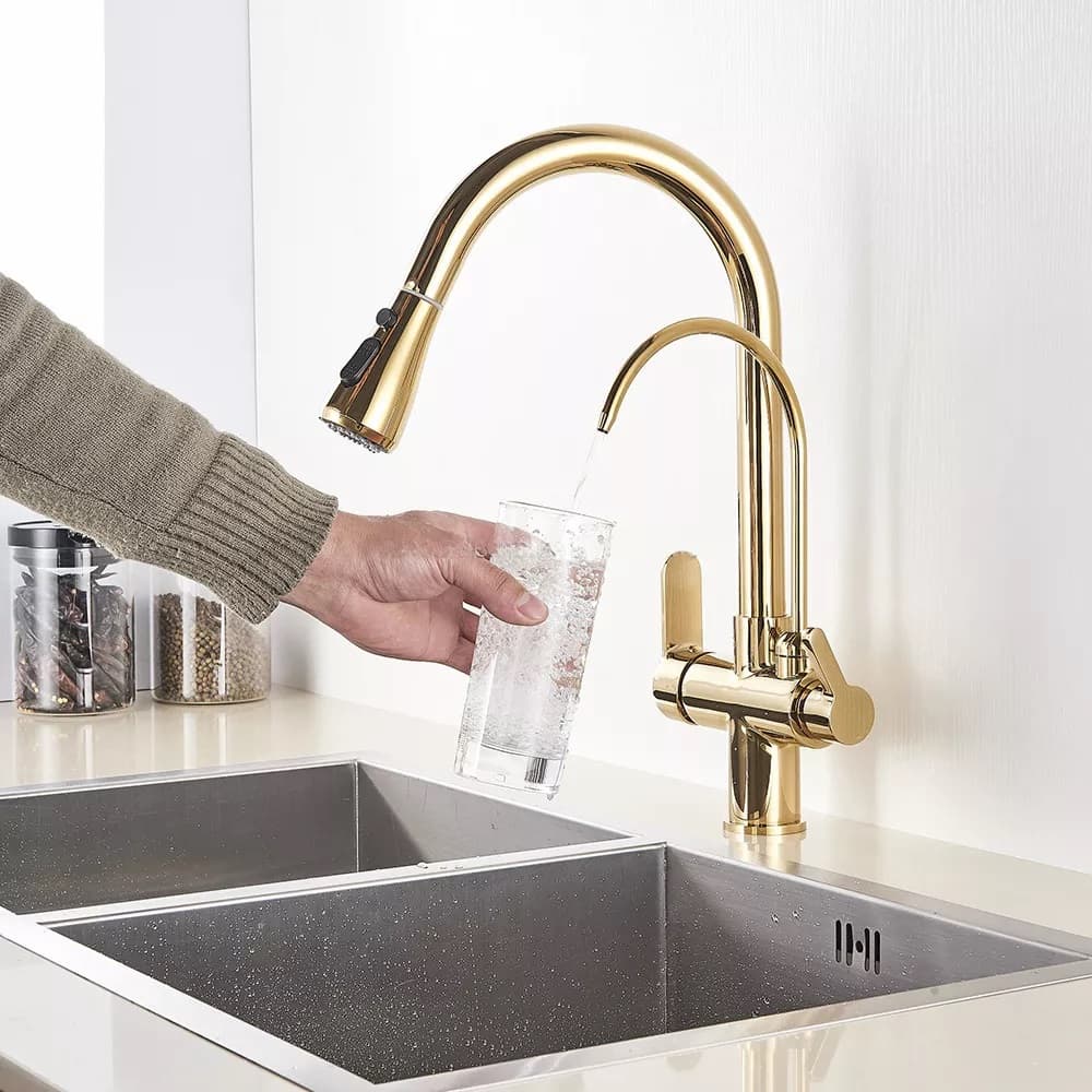 Gold Küchenarmatur ausziehbar, Filterwasser-Auslauf